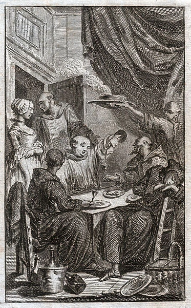 Monk feast. Monks feast. (engraving, 18th century)