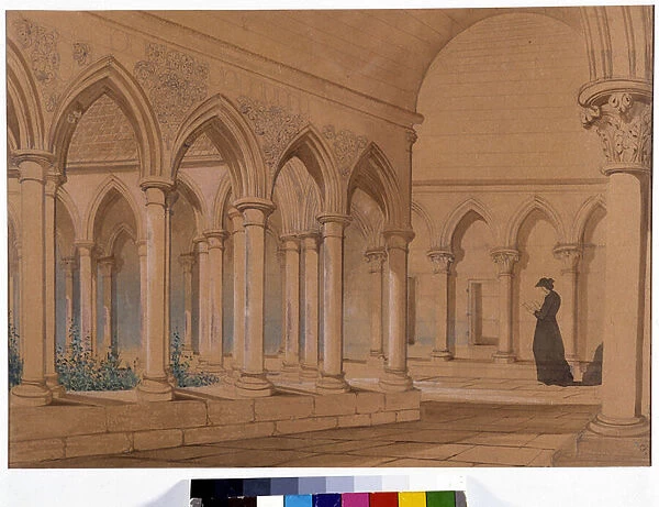 A monk praying in the cloister of Mont Saint Michel. Drawing by Emile Sagot. Municipal Museum of Avranches (Manche)
