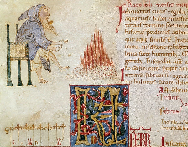 A monk warming his feet in front of a fire, month of February. (miniature, 12th century)