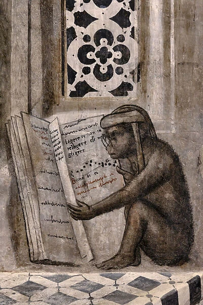 The monkey with glasses reading a book, 1501-03 (monochrome fresco)