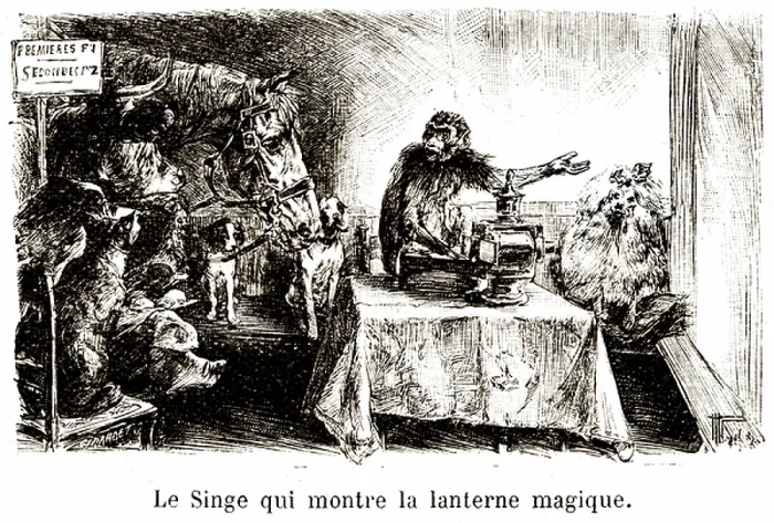 Framed Print : The monkey showing the magic lantern without lighting it, early 20th century (illustration)
