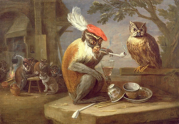 A monkey smoking and drinking with an owl