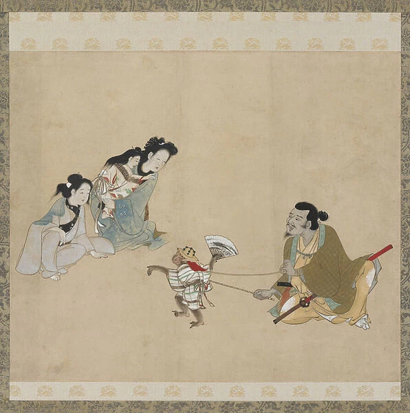 Monkey trainer and monkey performing a dance, Edo period (ink, colour & gold on paper)