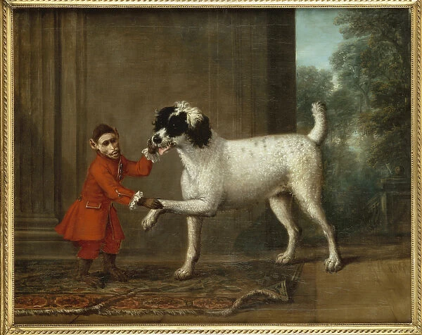 A Monkey wearing Crimson Livery dancing with a Poodle on the Terrace of a Country House