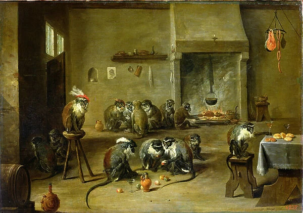 Monkeys in a Kitchen, c. 1645 (oil on canvas transferred from panel)