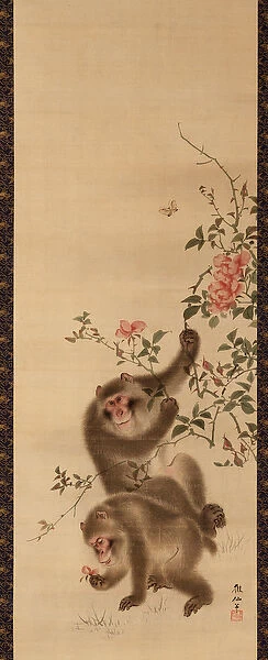 Monkeys and Roses (ink & colour on silk)