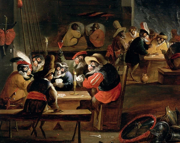 Monkeys in a Tavern, detail of the card game (oil on panel) (detail of 64505)