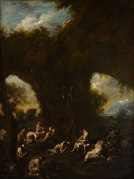 Monks Praying in a Grotto, c. 1730 (oil on canvas)