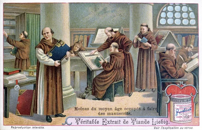Framed Print : Monks at work on manuscripts in a scriptorium. Liebig trade card c1900. Chromolithograph Framed Print : Monks at work on manuscripts in a scriptorium. Liebig trade card c1900. Chromolithograph