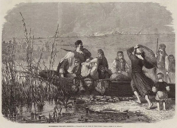 Montenegrin Peasants deserting a Village set on fire by the Turks (engraving)