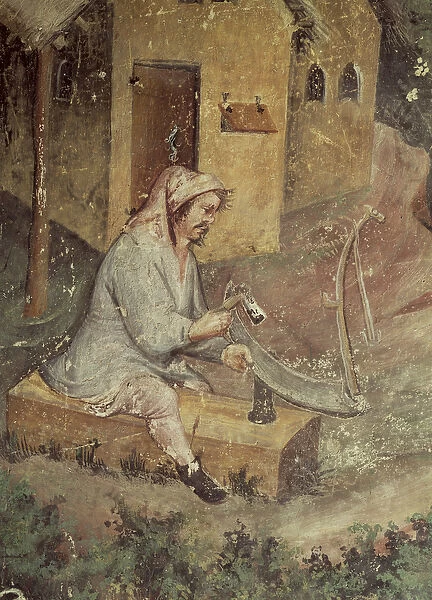The Month of July, detail of a peasant sharpening his scythe, c. 1400 (fresco)
