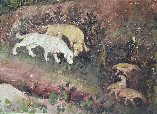 The Month of June, detail of dogs and partridges, c. 1400 (fresco)
