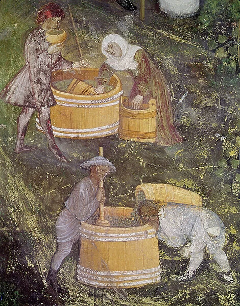 The Month of October, detail of grape-pickers and vats, c. 1400 (fresco)