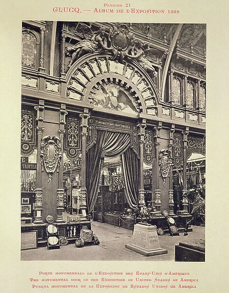 The monumental door of the exhibition of the United States of America, from L'Album de l'Exposition 1889 by Glucq, Paris 1889 (litho)