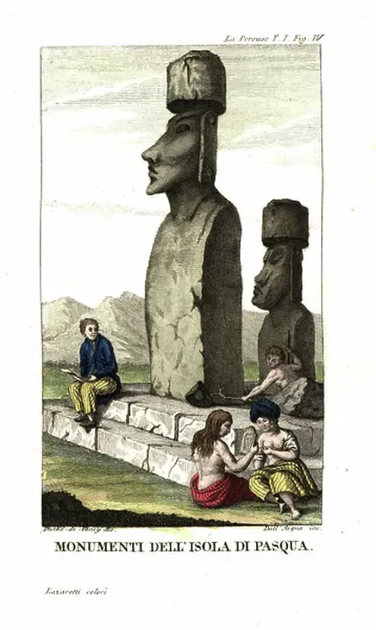 Framed Print : Monuments on Easter Island (Rapa Nui). Artist Gaspard Duche de Vancy sketching a Moai while a native steals his hat. From Jean Francois de Galaup, Count of La Perouse (1741-1788) Journal Framed Print : Monuments on Easter Island (Rapa Nui). Artist Gaspard Duche de Vancy sketching a Moai while a native steals his hat. From Jean Francois de Galaup, Count of La Perouse (1741-1788) Journal