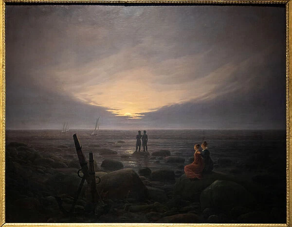 Moon rising over the sea (oil on canvas)