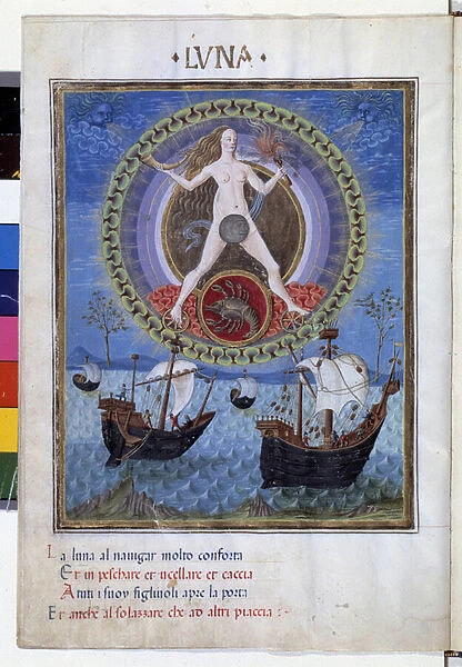 Moon with the zodiac sign of cancer. Downstairs, boats during the rising maree. Miniature made by Cristoforo de Predis (v. 1440-v. 1486) - in 'De Sphaera'd Este. Around 1470. Biblioteca Estense, Modene