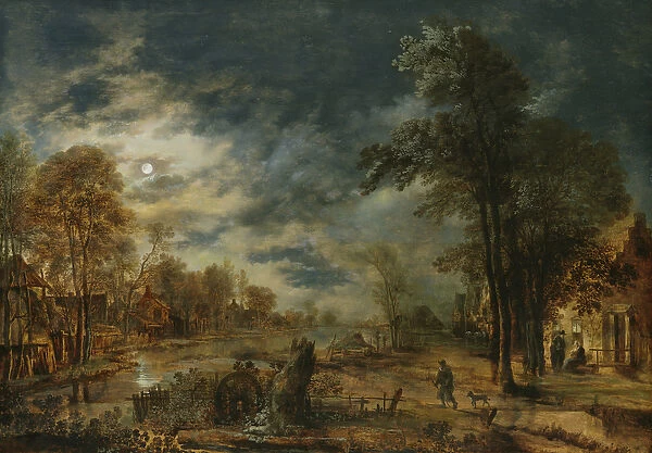 Moonlit Landscape with a Village (oil on panel)