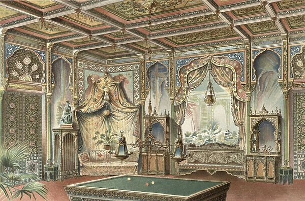 A Moorish billiard room, illustration from La Decoration Interieure, published c. 1893-94 (colour litho)