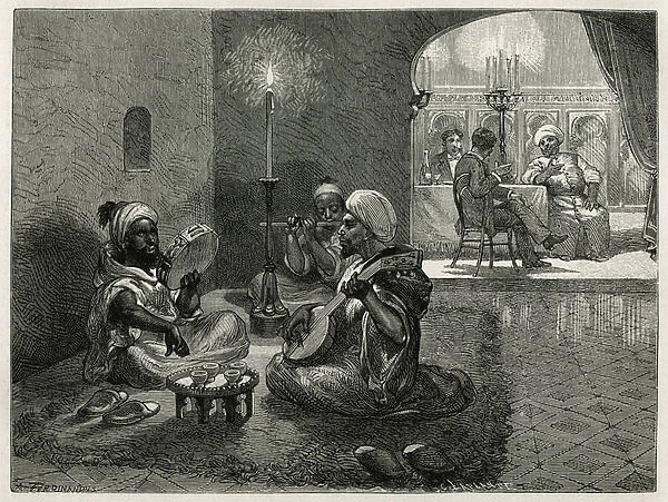 Moorish musicians playing flute, mandolin and tambourine to brighten up a Moroccan dinner, to which the author of the story is invited, at a notable in Tangier, engraving by A