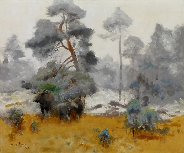 Moose Family Entering a Clearing, 1930 (oil on canvas)