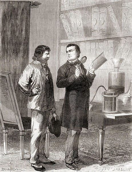 Moritz von Jacobi, on the right, discovering galvanoplastics, or electrotyping in 1838