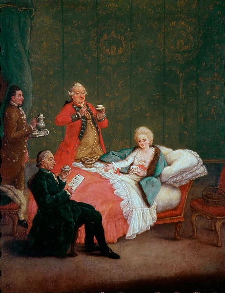 Morning chocolate young woman of the nobility lies in her bed served by three men