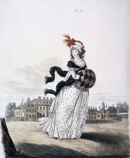 Morning Dress, fig. 91 from The Gallery of Fashion, 1797 (coloured engraving)