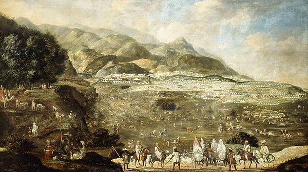 A Moroccan Military Encampment with Veiled Ladies on Donkeys in the Foreground