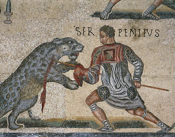Detail of a mosaic of a Gladiator Fight, originally from Torre Nuova