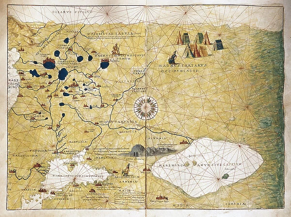 Moschoviae Tabula, map of Russia and European cities along the Volga River