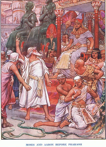 Moses and Aaron before Pharaoh (colour litho)