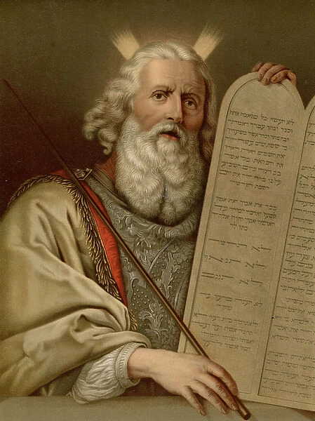 Moses with the new Tables of the Law (colour litho)