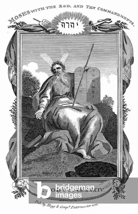 Framed Print : Moses with the tablets inscribed with the Ten Commandments. Bible Exodus 34. Copperplate engraving c1808