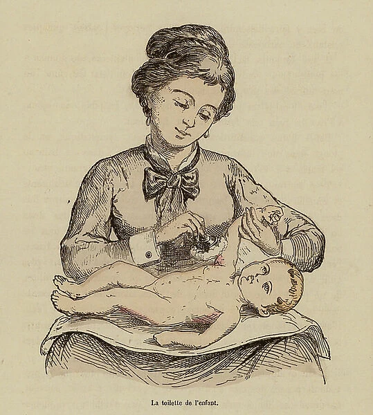 Mother and her baby (coloured engraving)