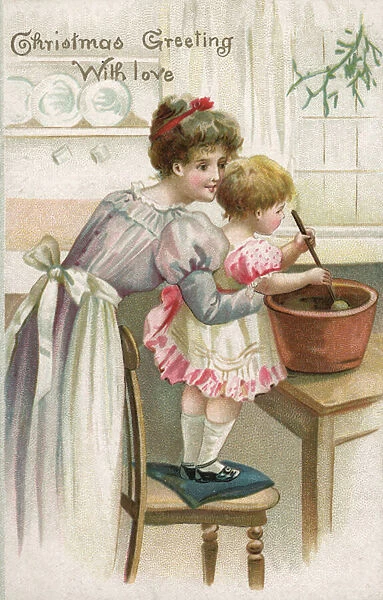 Mother and child making a christmas pudding (colour litho)