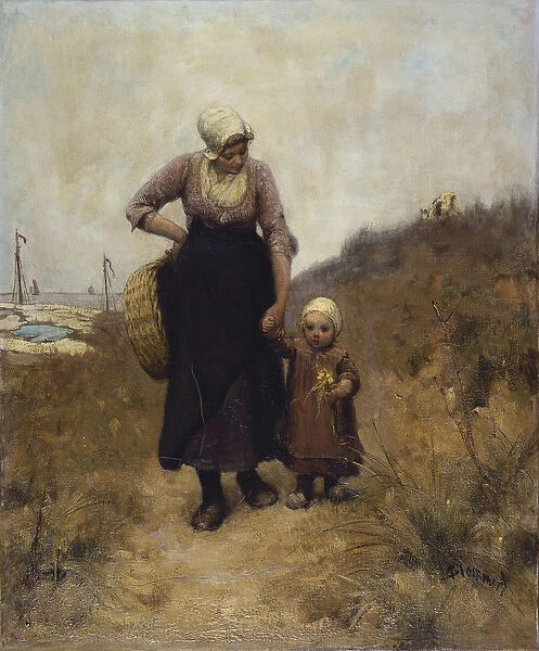Mother and Child on a Path by the Sea (oil on canvas)