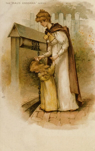 Mother and Daughter at the Well (colour litho)