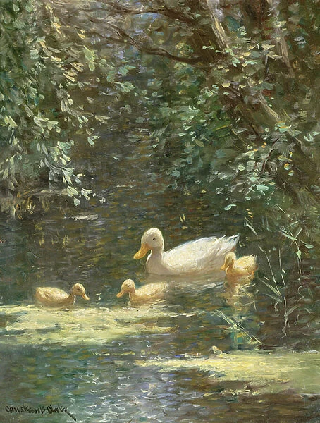 Mother Duck with Ducklings in the Water (oil on canvas)e