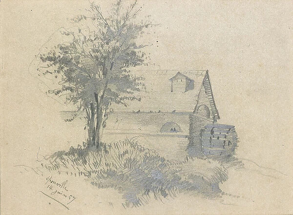 Moulin on the Lezarde, 1857 (pencil on paper)
