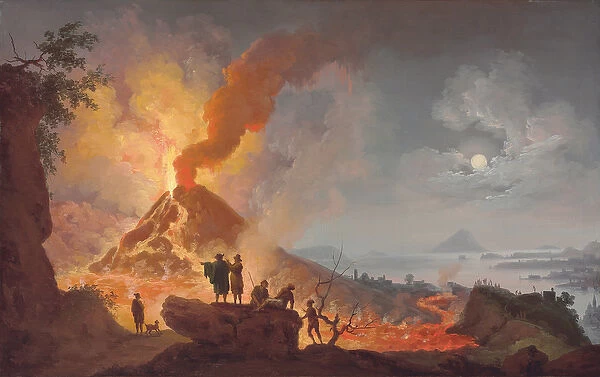 Mount Vesuvius erupting by night, seen from the Atrio del Cavallo with spectators in