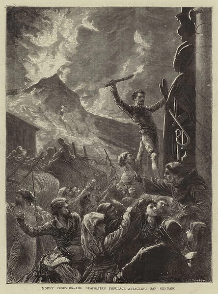 Mount Vesuvius, the Neapolitan Populace attacking San Gennaro (engraving)