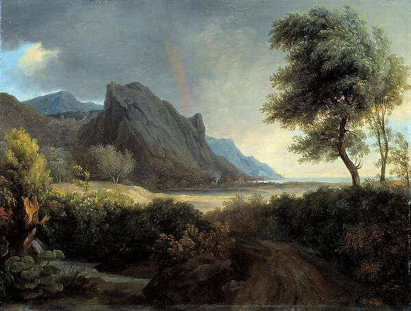 Mountain landscape bathes by the sea, the rainbow Painting by Pierre de Valenciennes