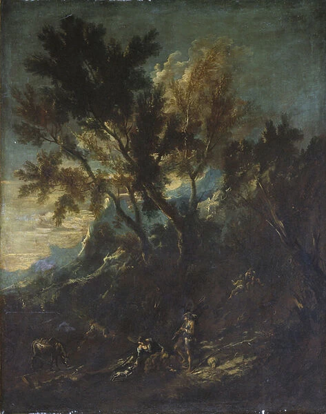 A Mountain Landscape with Pastoral Figures (oil on canvas)