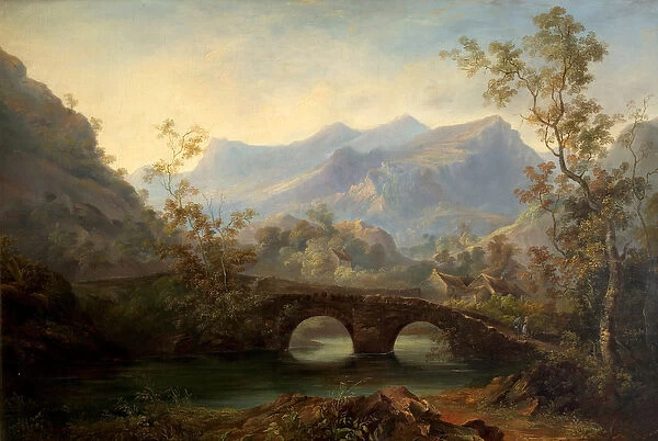 Mountainous Landscape with River, Bridge and Cottages, 19th century (oil on canvas)