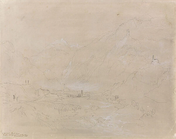 Mountainous Landscape with Town in Valley, c.1840 (graphite & grey wash on paper)