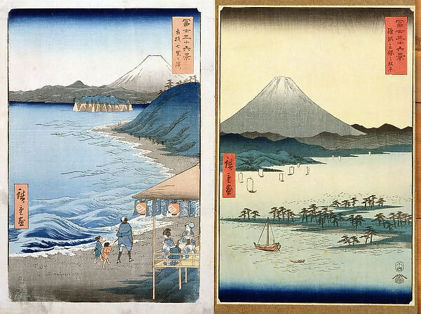 Mountains and coastline, two views from 36 Views of Mount Fuji, pub. by Kosheihei, 1853, (colour woodblock print)