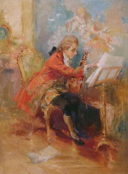 Mozart playing the violin (oil on board)
