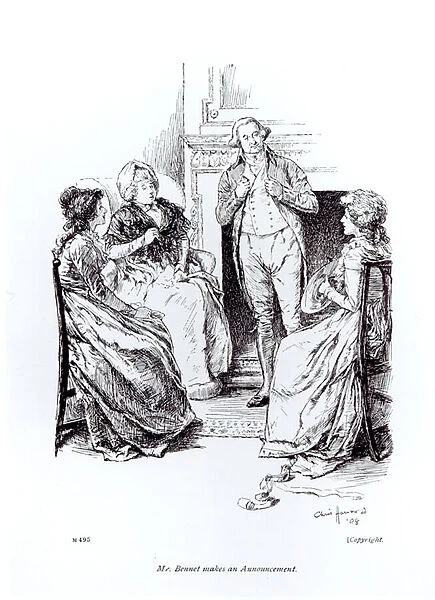 Mr. Bennet Makes an Announcement, illustration from Pride and Prejudice by Jane Austen, 1898 (engraving) (b  /  w photo)