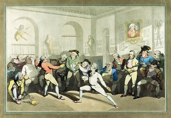 Mr H Angelos Fencing Academy, engraved by Charles Rosenberg, 1791 (hand coloured